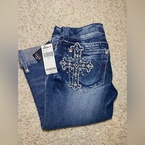 Buckle Dark Blue Women's Boot Cut Jeans with Cross Embroidery